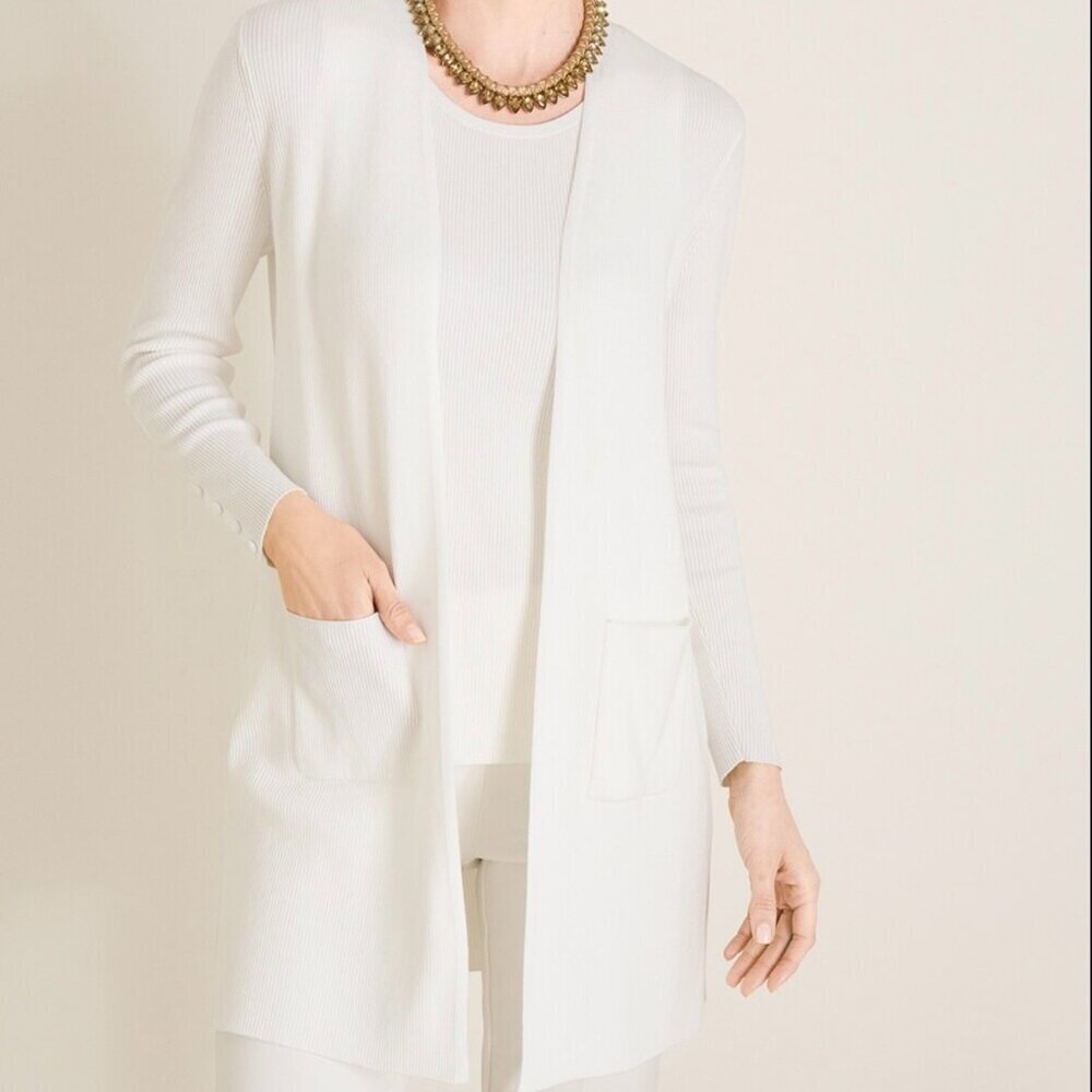 CHICOS sz 1 NWT Ribbed Two-Pocket Cardigan Sweater ECRU creamy white SOLD OUT